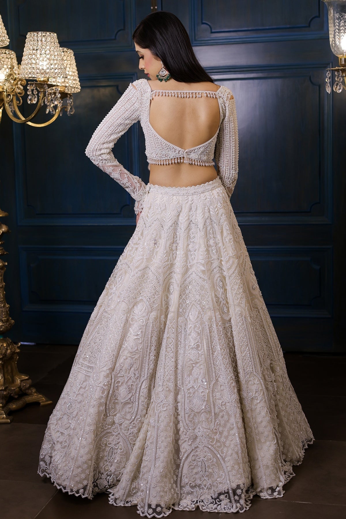 Ivory Net Sequins Embroidered Lehenga Set