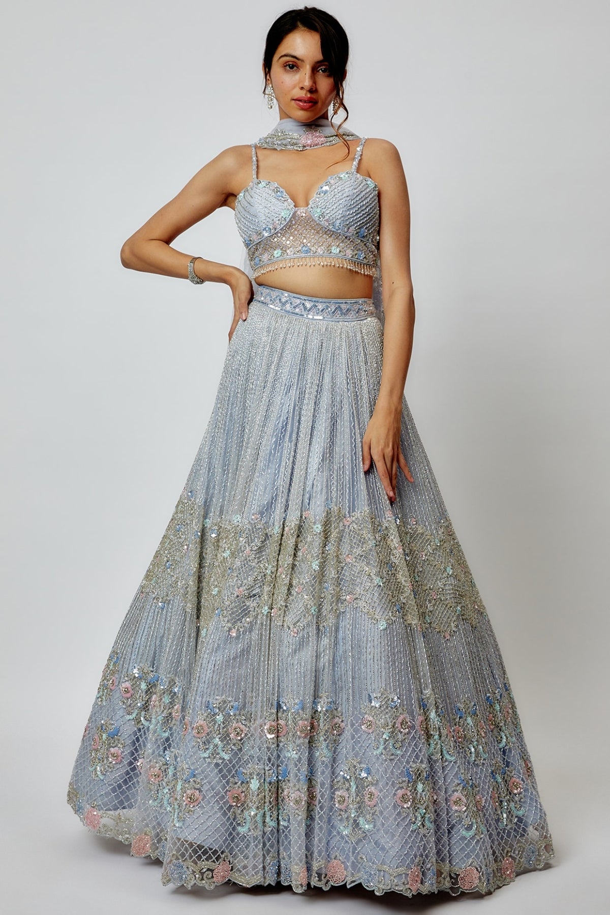 Periwinkle Net Embroidered Lehenga Set