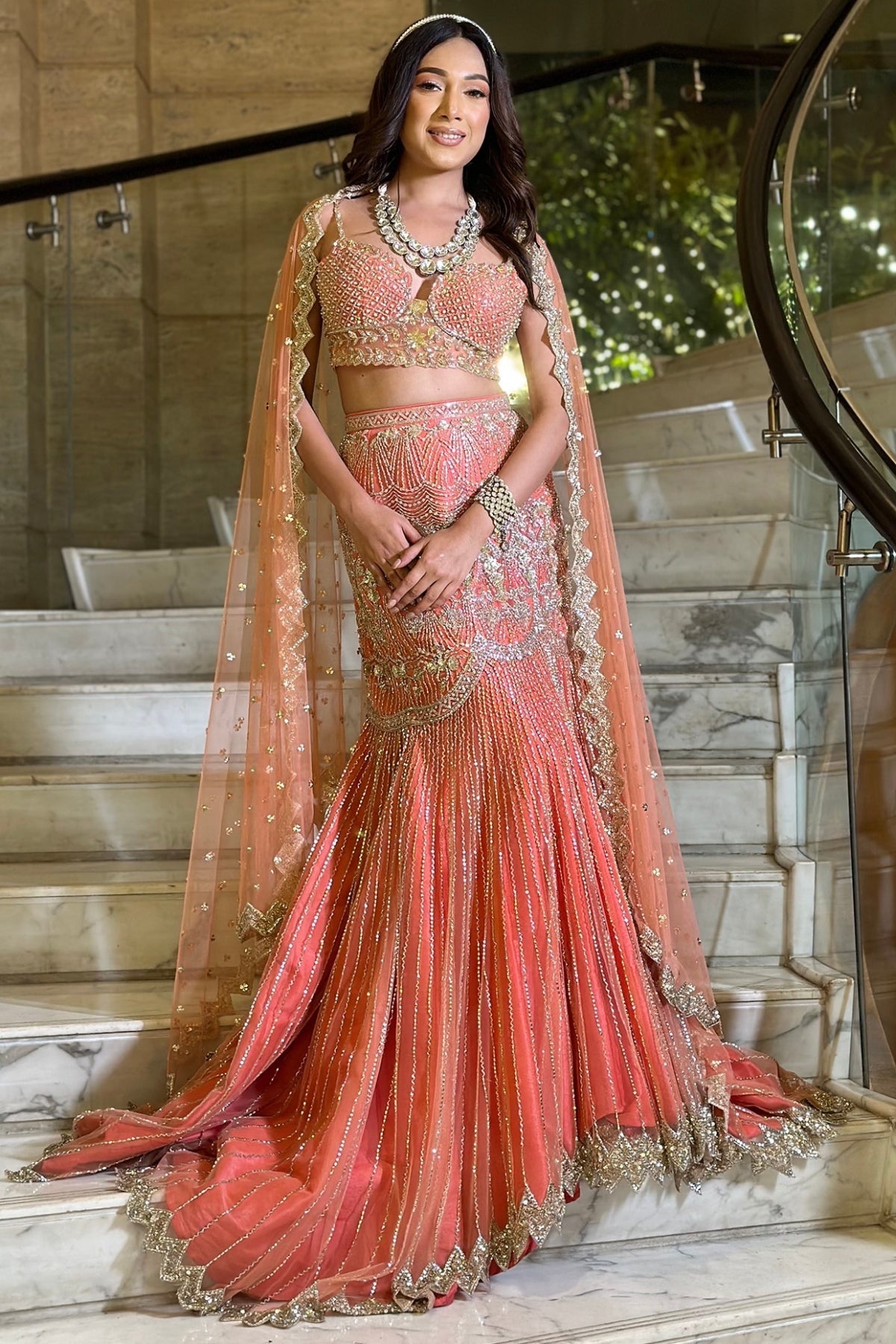 Coral Pink Net Embroidered Fish-Cut Lehenga Set