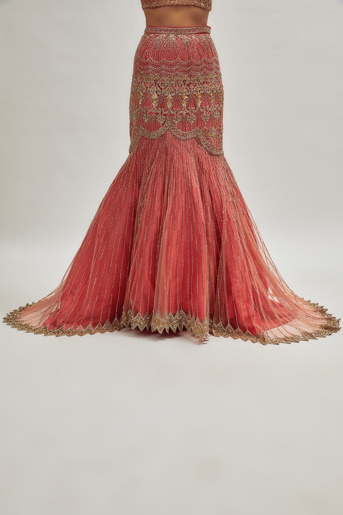 Coral Pink Net Embroidered Fish-Cut Lehenga Set