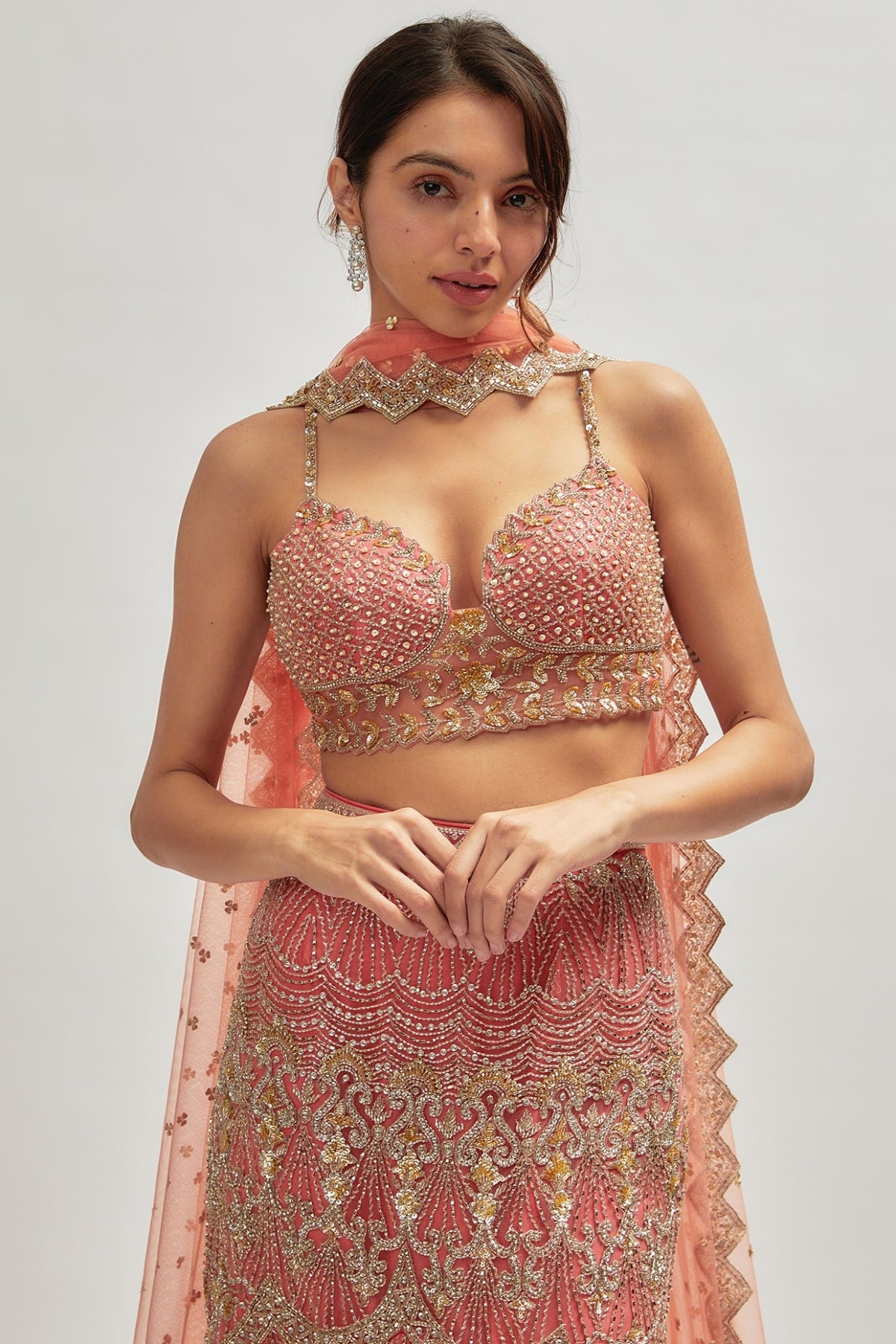 Coral Pink Net Embroidered Fish-Cut Lehenga Set