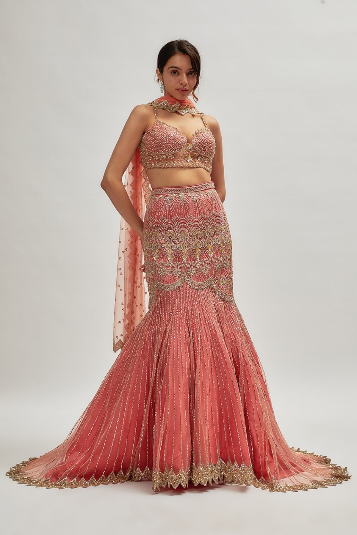 Coral Pink Net Embroidered Fish-Cut Lehenga Set