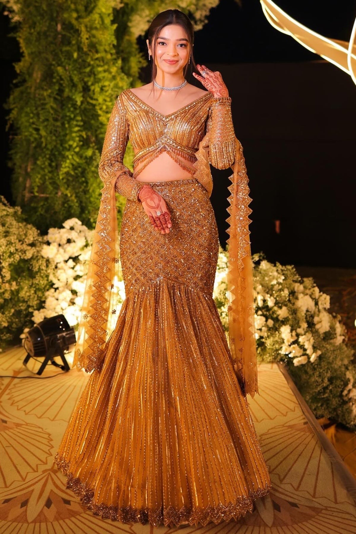 Antique Gold Net Cutdana & Crystal Embroidered Fishcut Lehenga Set