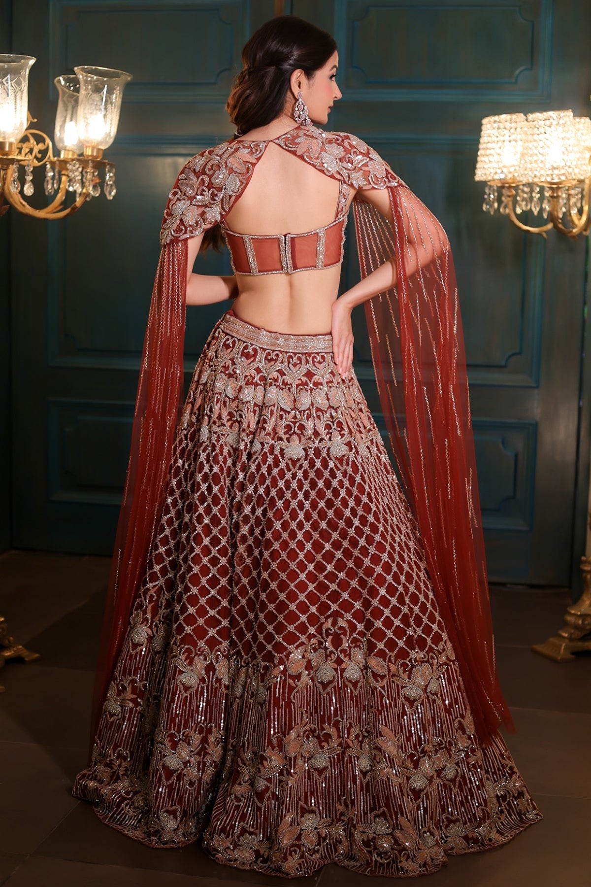 Caramel Brown Net Crystal & Bead Embroidered Lehenga Set