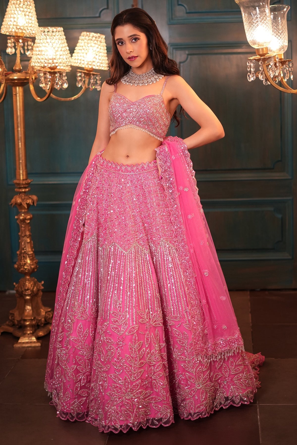 Pink Net Floral Embroidered Lehenga Set