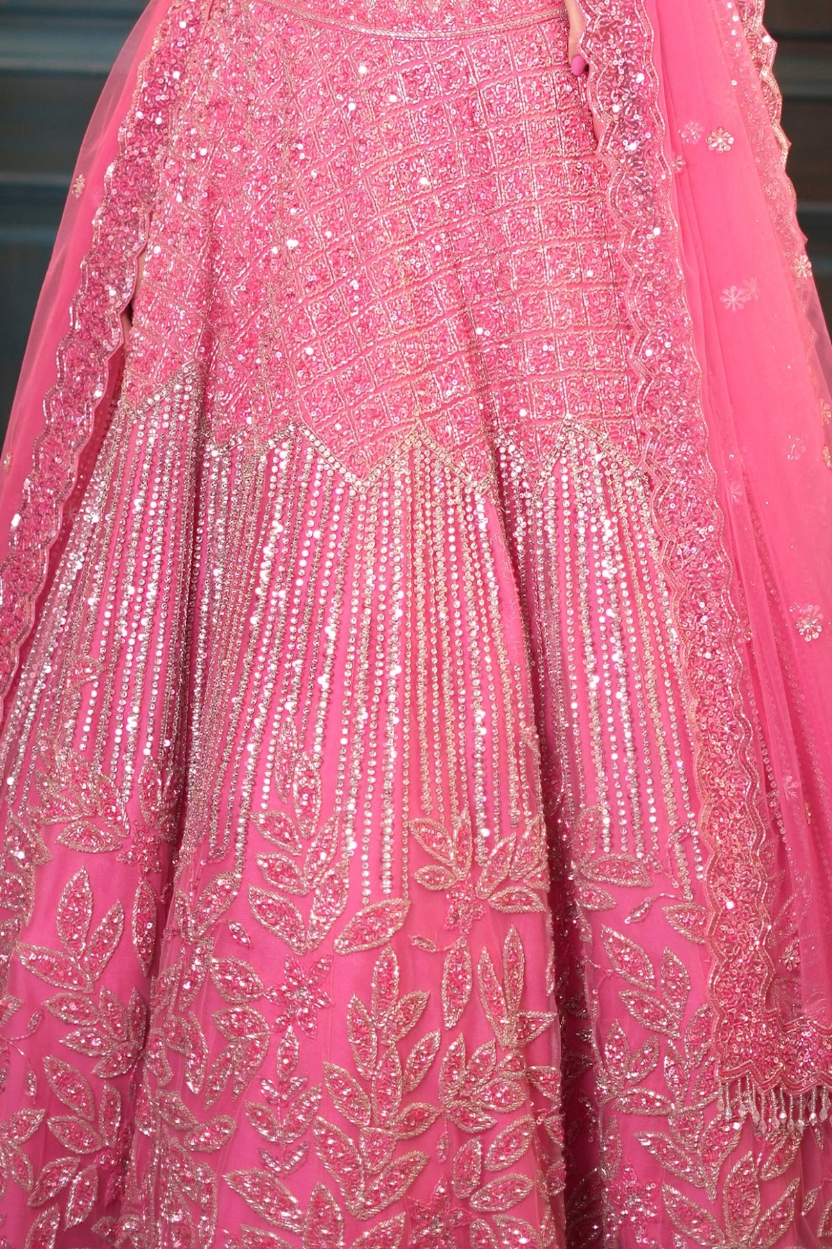 Pink Net Floral Embroidered Lehenga Set