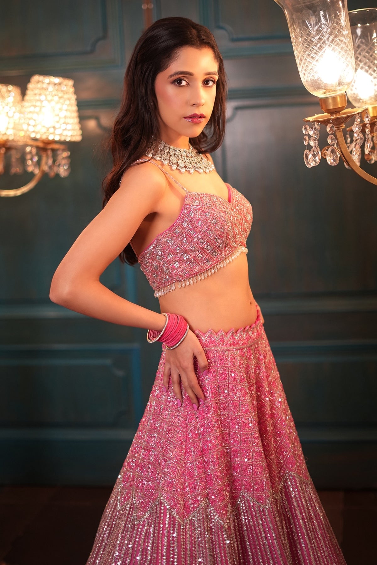 Pink Net Floral Embroidered Lehenga Set