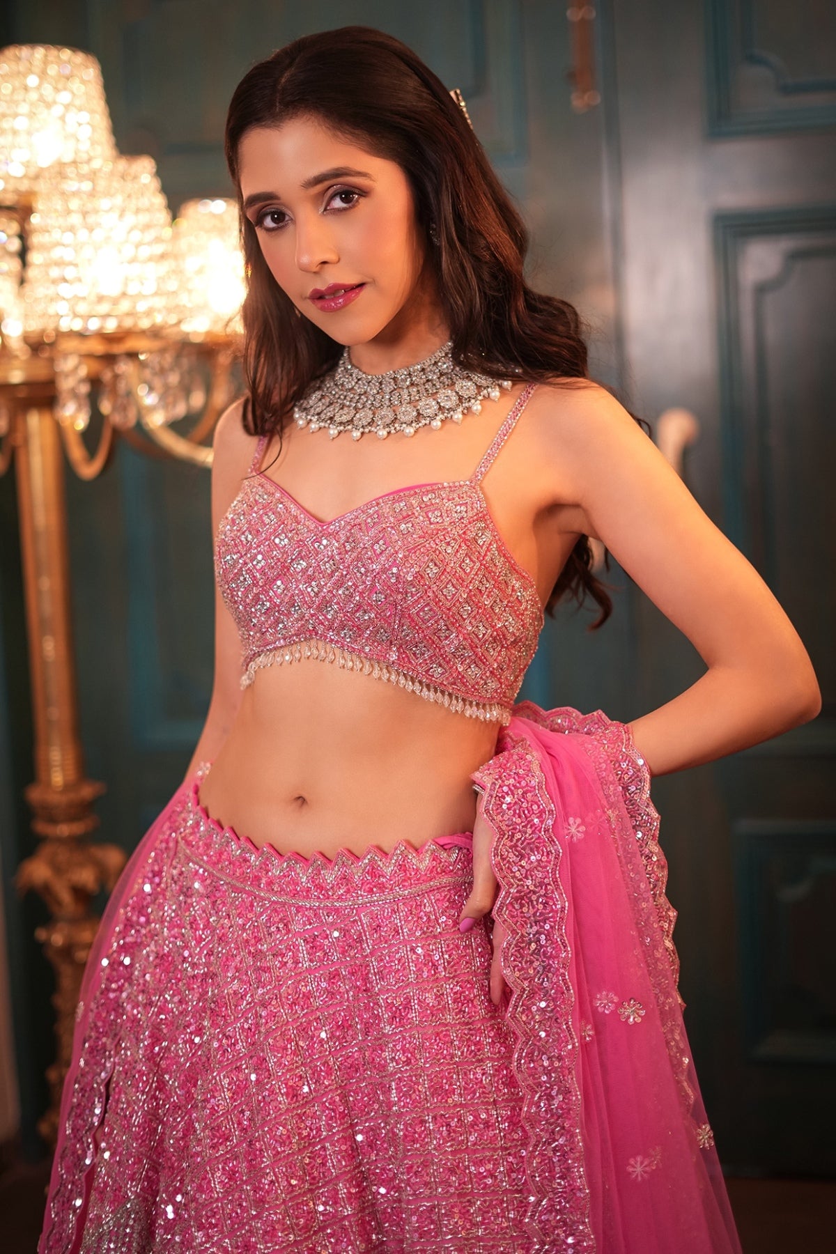 Pink Net Floral Embroidered Lehenga Set
