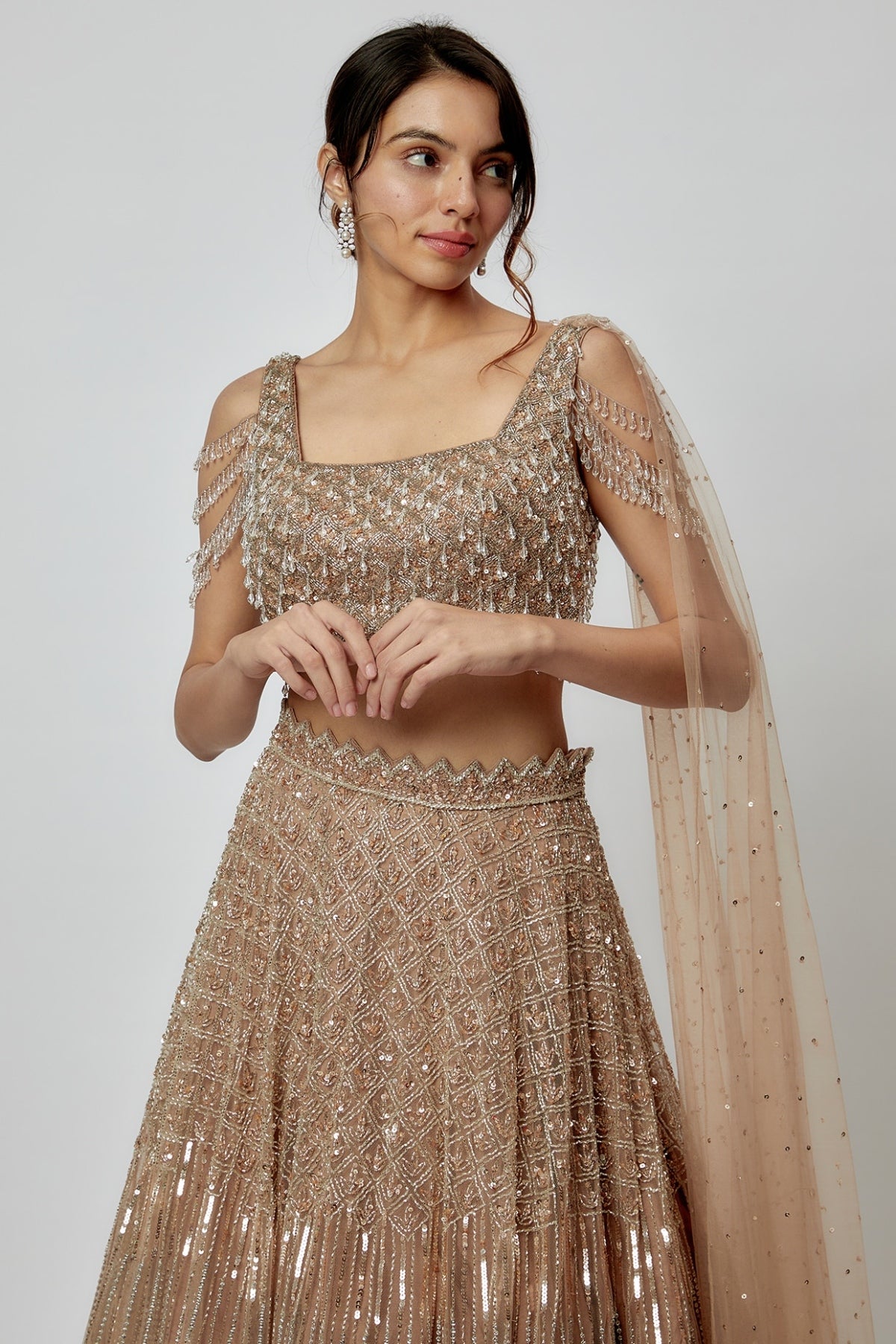 Beige Gold Net Embroidered Lehenga Set