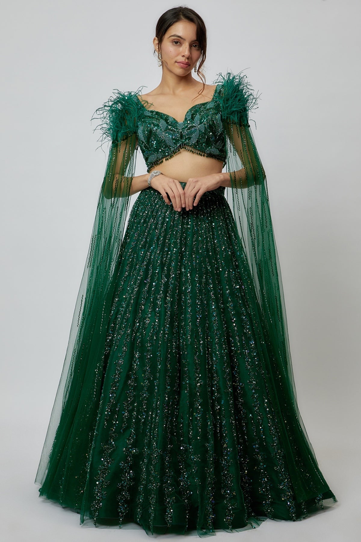 Emerald Green Net Hand Embroidered Lehenga Set