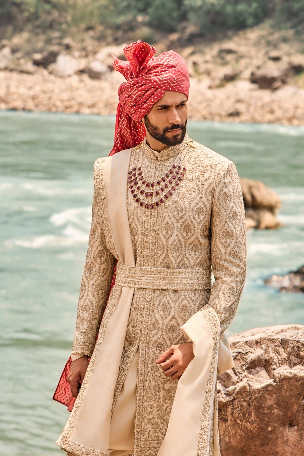Beige Kasab Sherwani Set