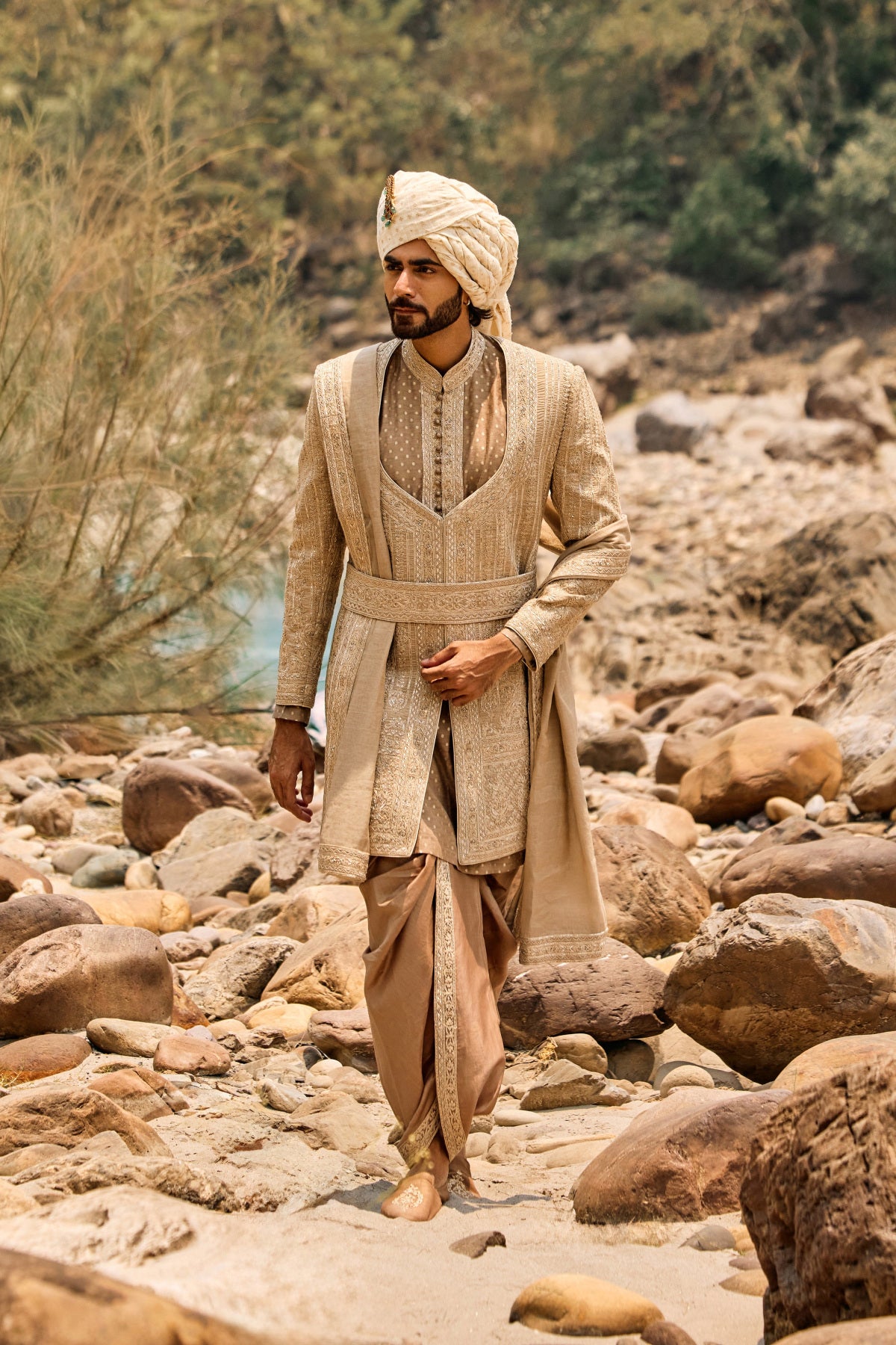Mocha Worked Sherwani Set With Dhoti