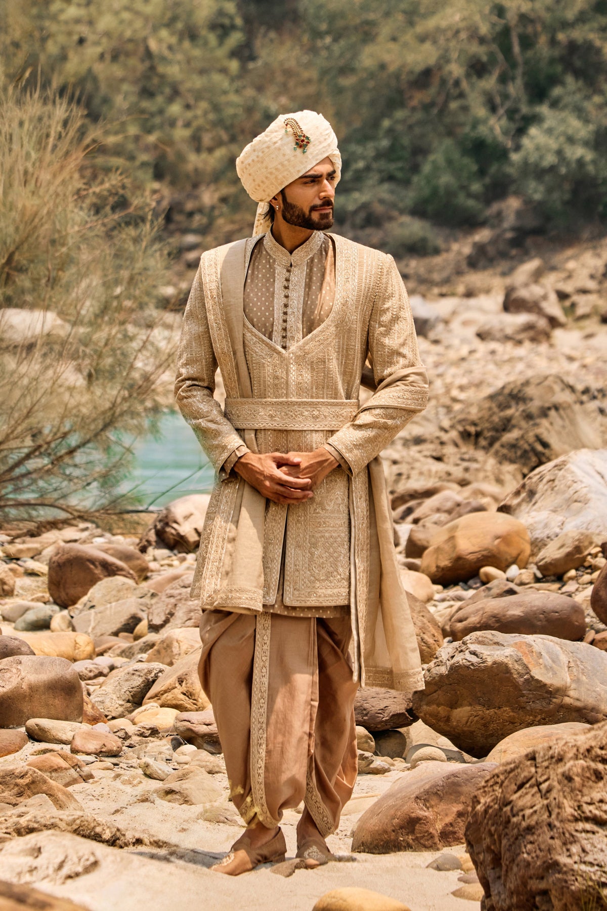 Mocha Worked Sherwani Set With Dhoti