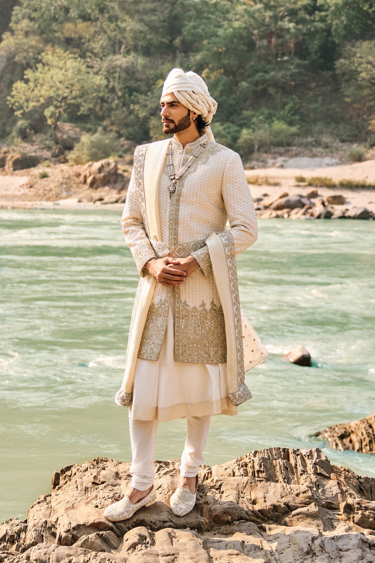 Ivory Raw Silk Sherwani Set