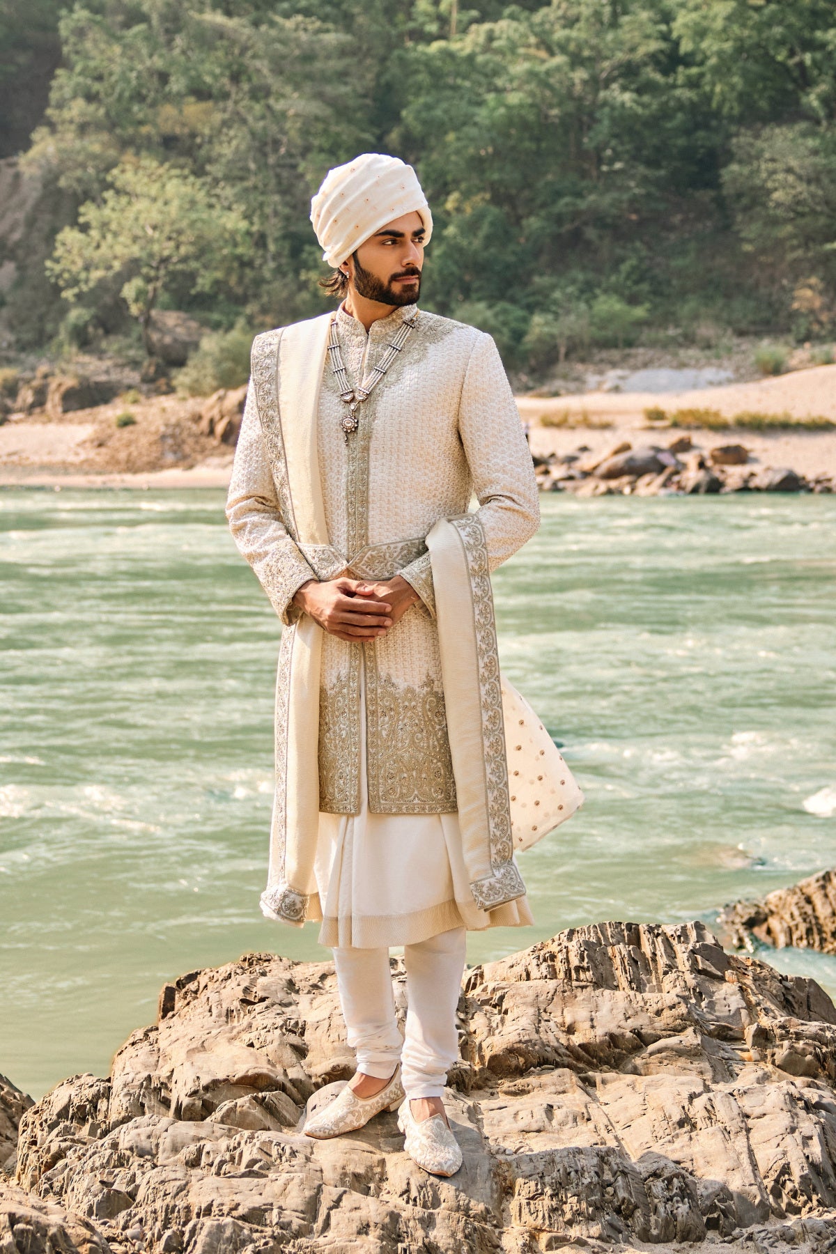 Ivory Raw Silk Sherwani Set