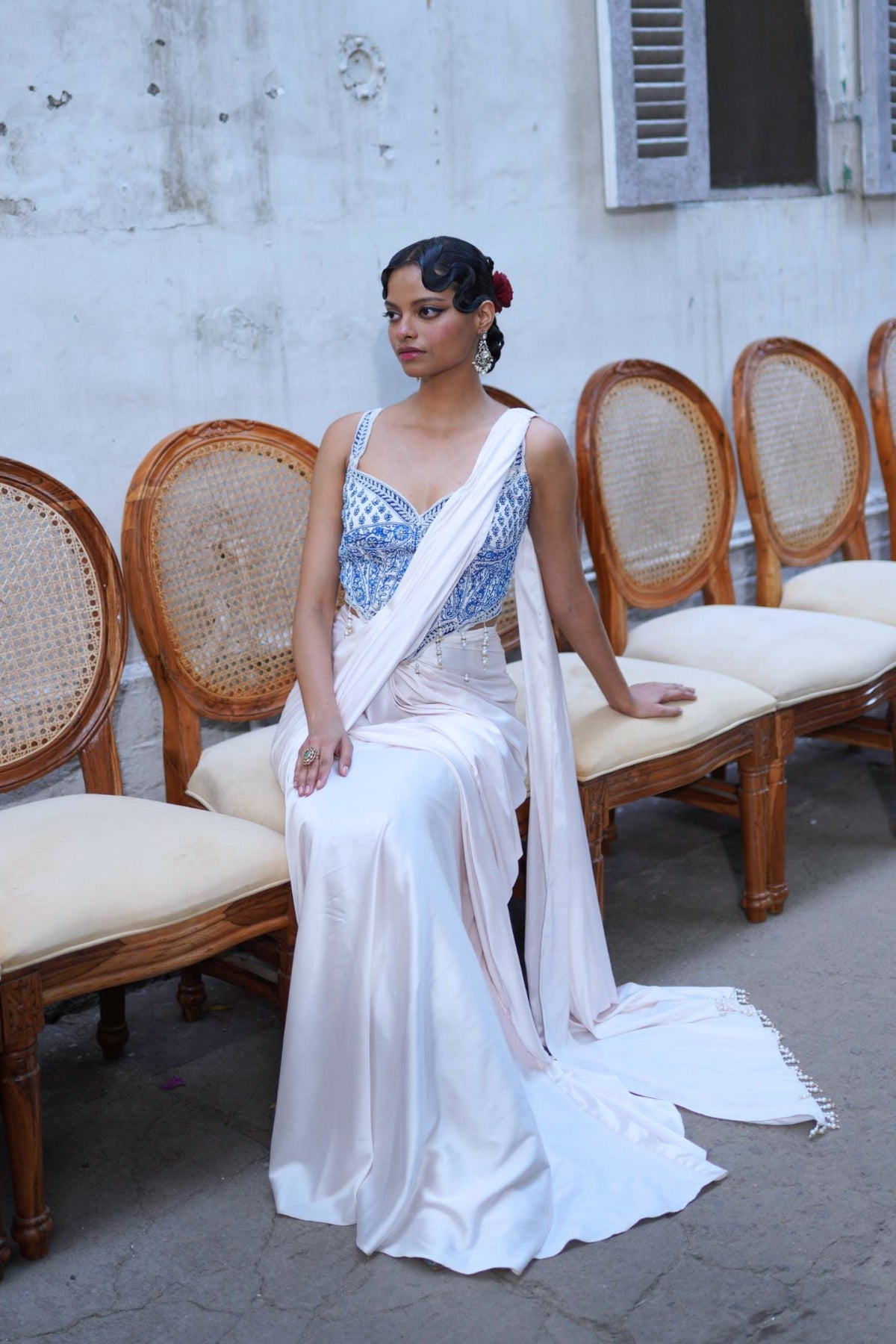 Ivory short corset with saree set