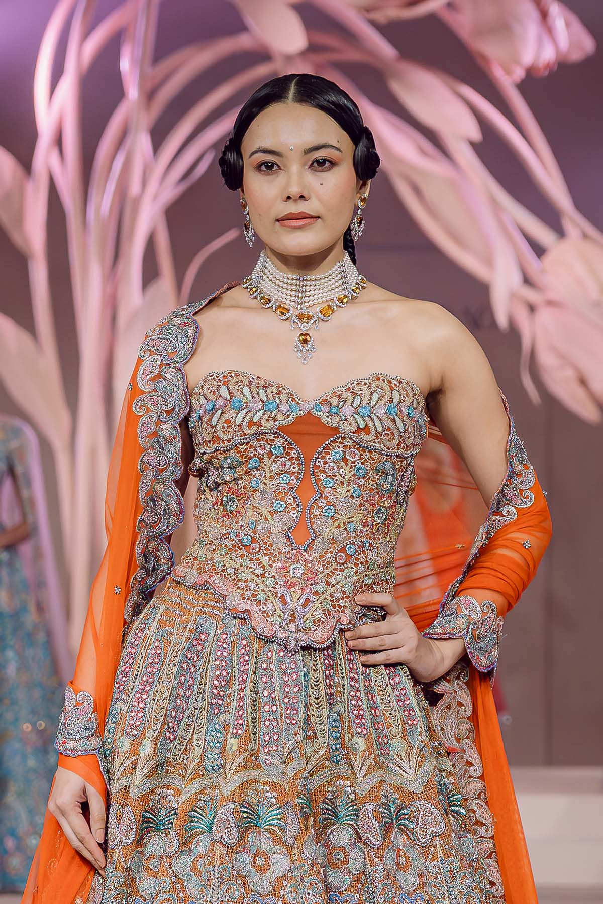 Zeba - Alloy orange mesh Lehenga