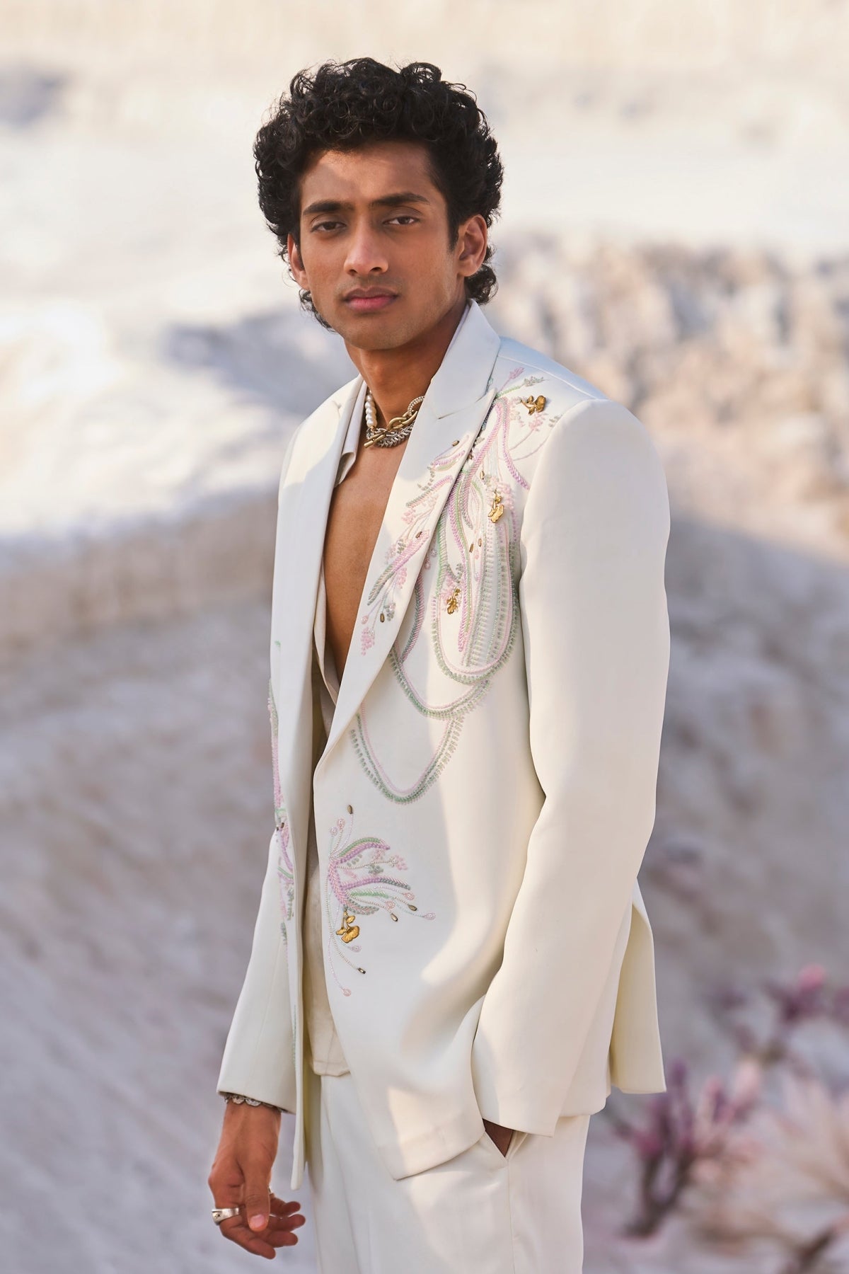 White Double Breasted Embroidered Blazer Set