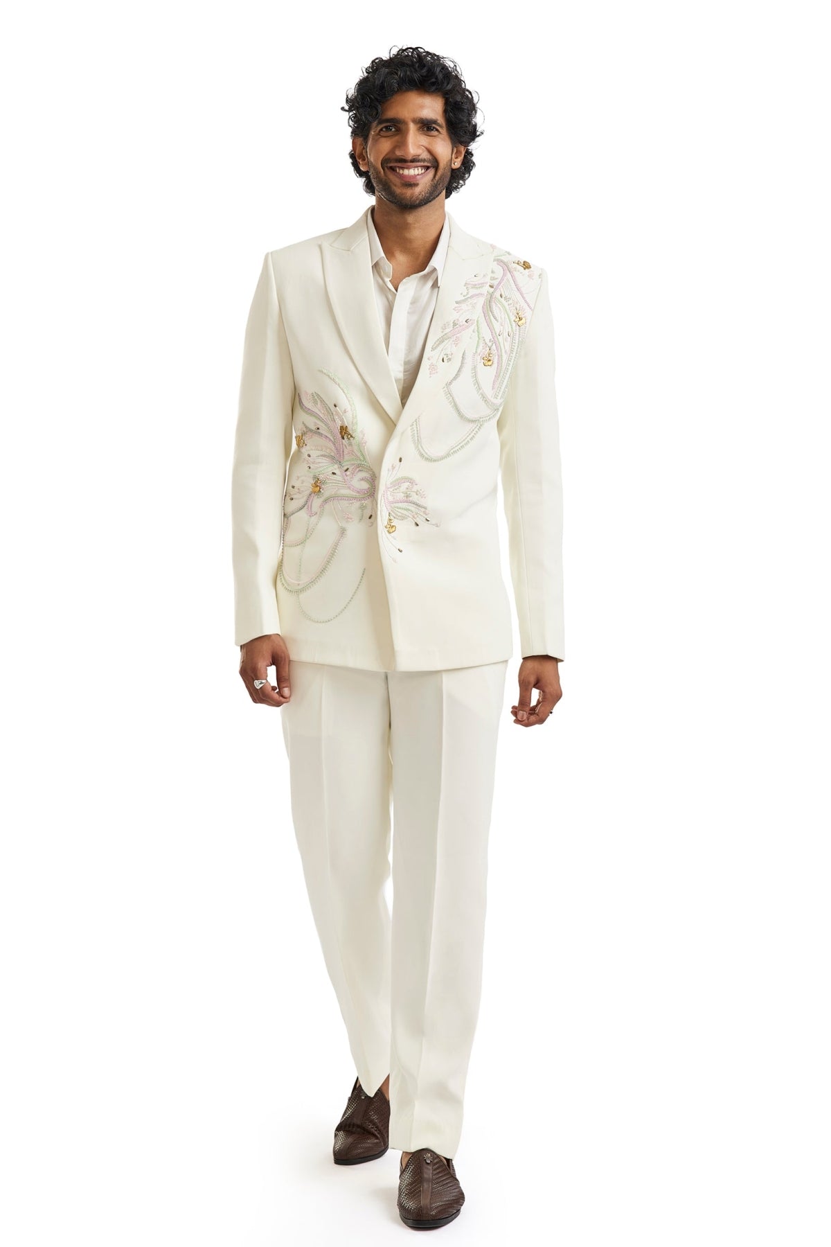 White Double Breasted Embroidered Blazer Set