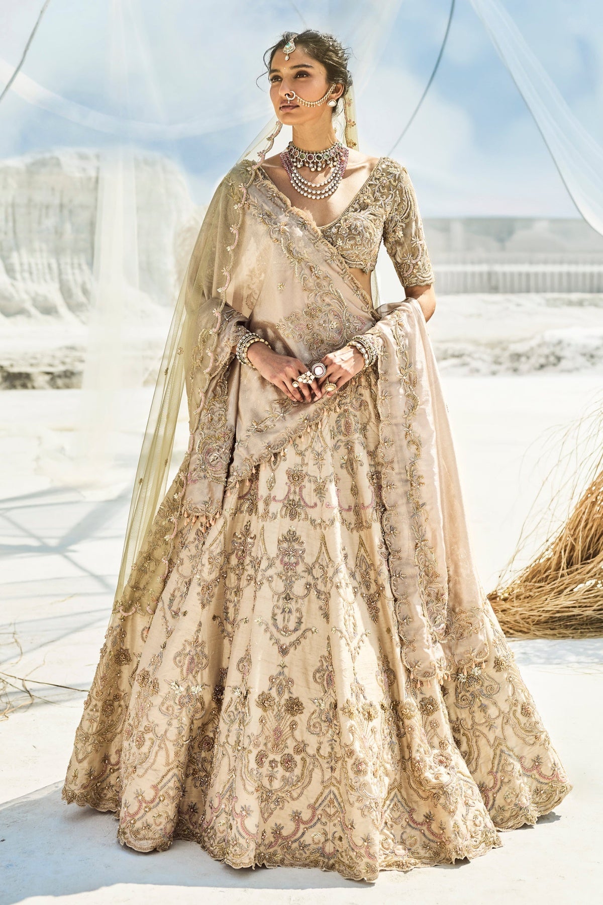 Beige And Green Dual Dupatta Embroidered Bridal Lehenga For Pheras