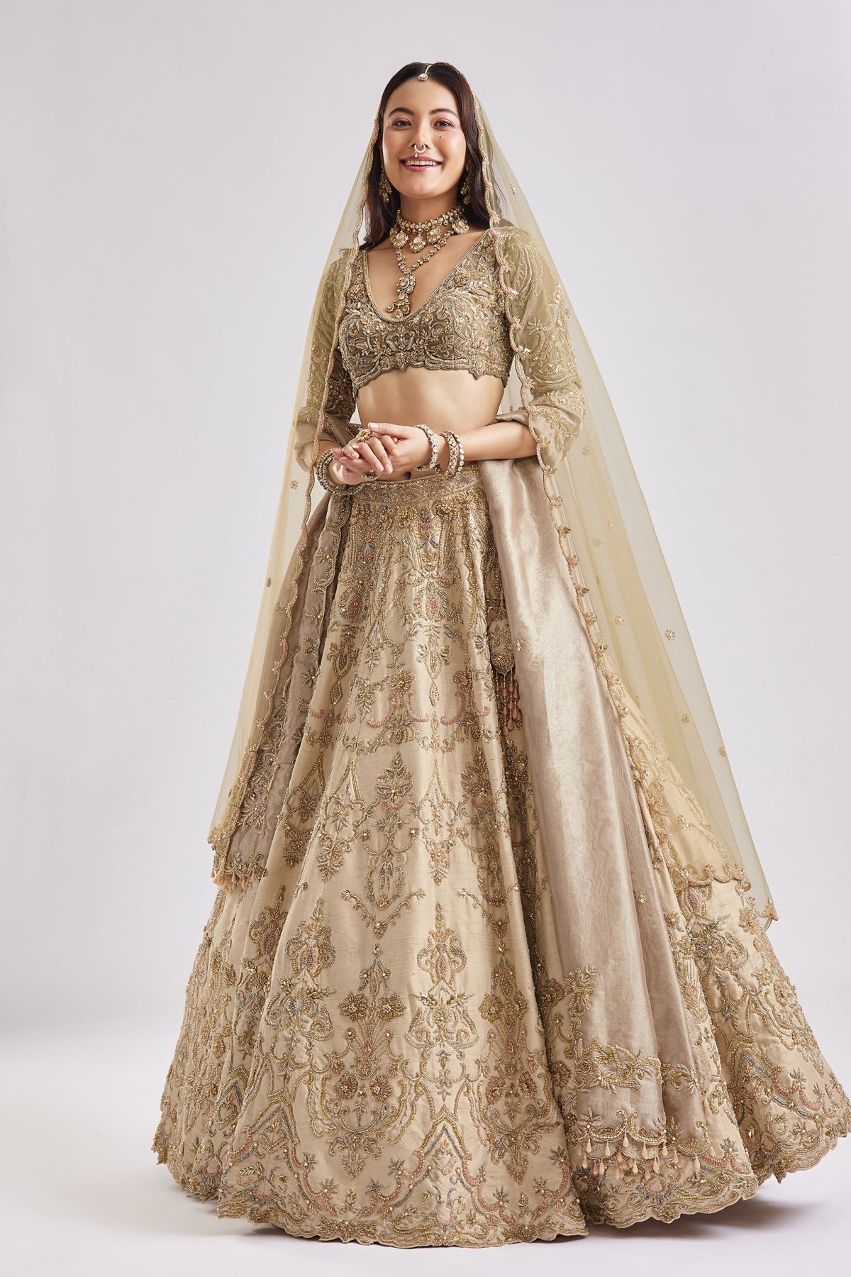 Beige And Green Dual Dupatta Embroidered Bridal Lehenga For Pheras