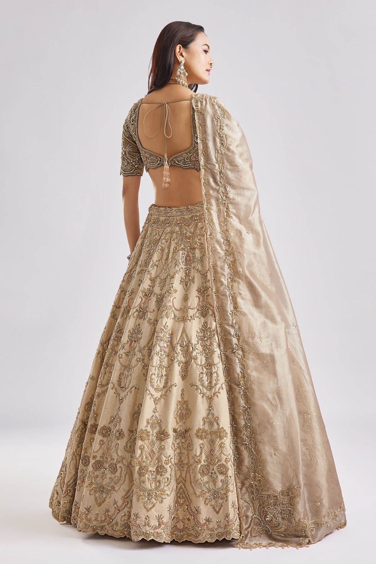 Beige And Green Dual Dupatta Embroidered Bridal Lehenga For Pheras