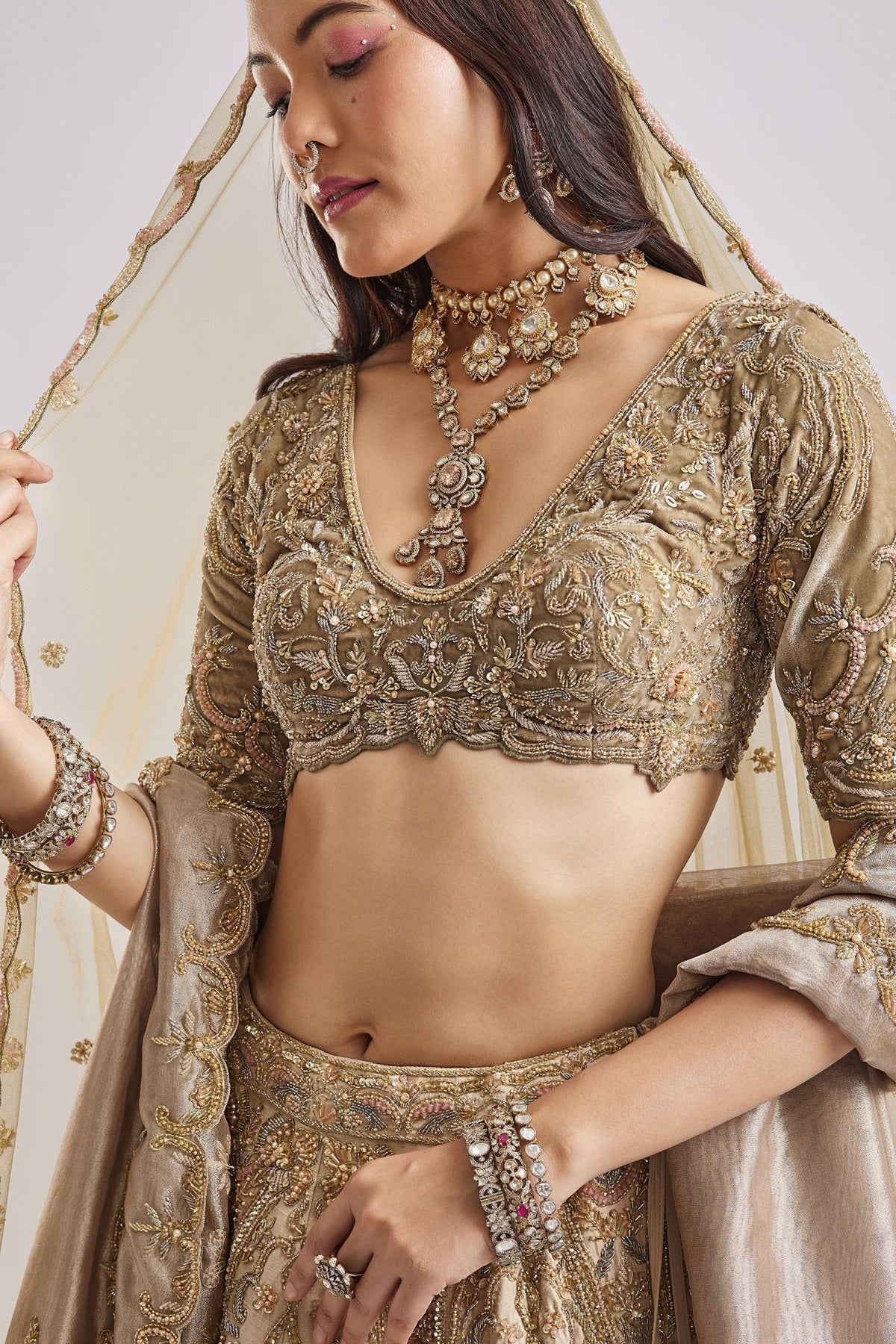 Beige And Green Dual Dupatta Embroidered Bridal Lehenga For Pheras