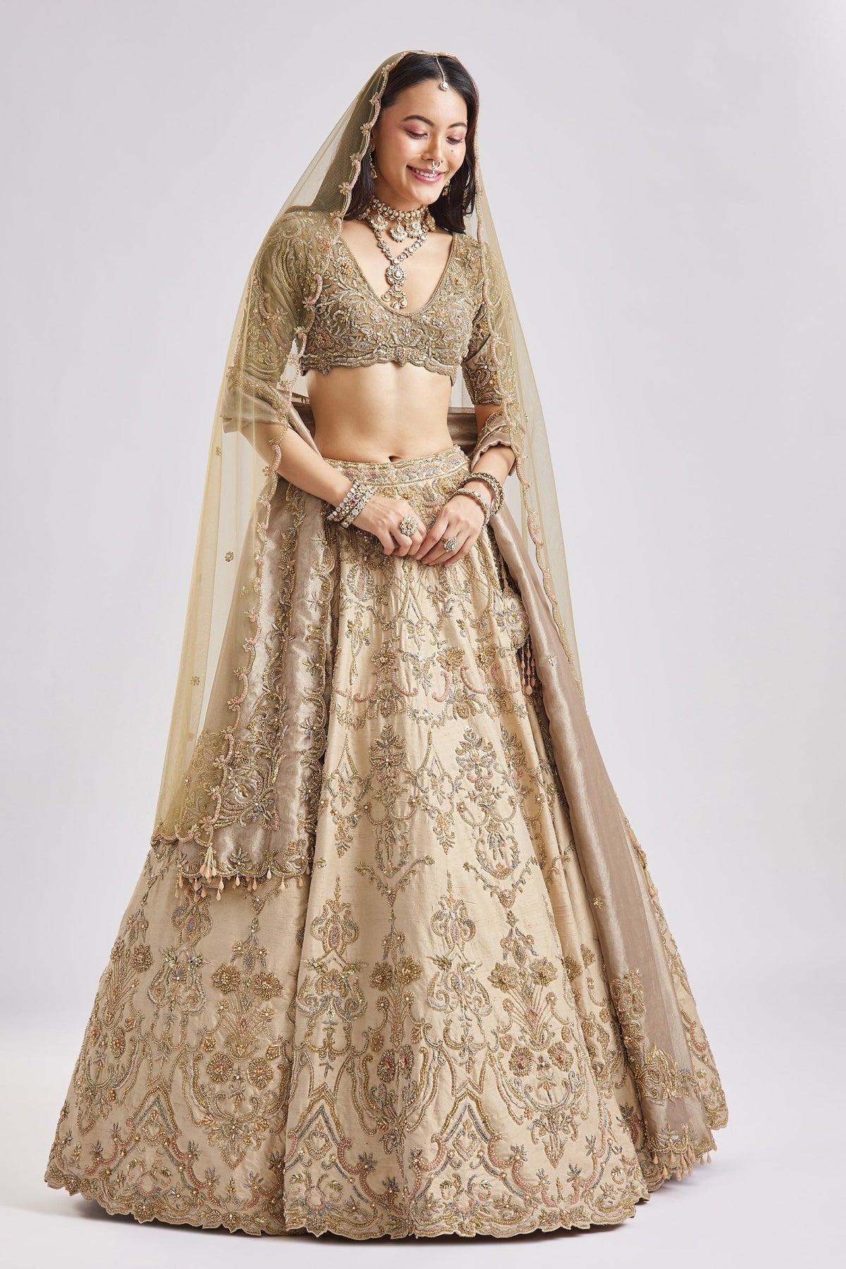 Beige And Green Dual Dupatta Embroidered Bridal Lehenga For Pheras