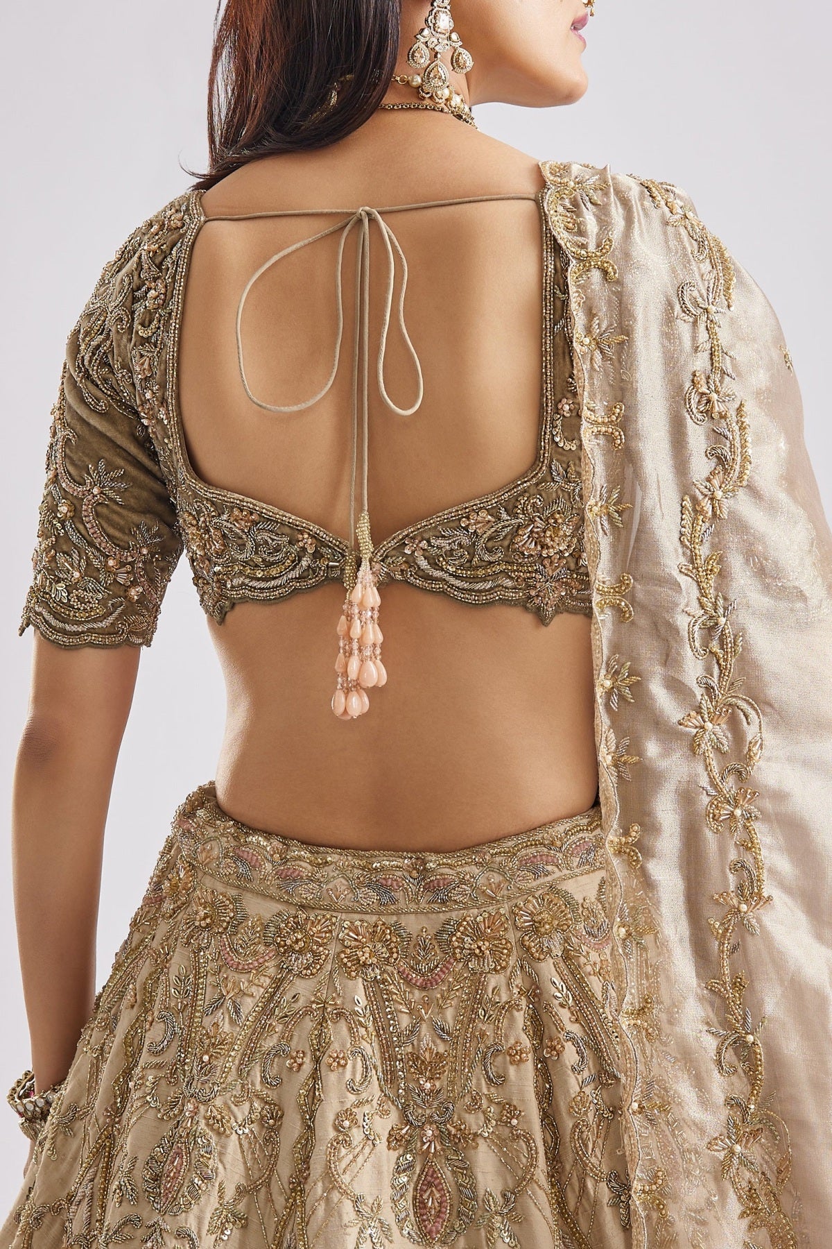 Beige And Green Dual Dupatta Embroidered Bridal Lehenga For Pheras