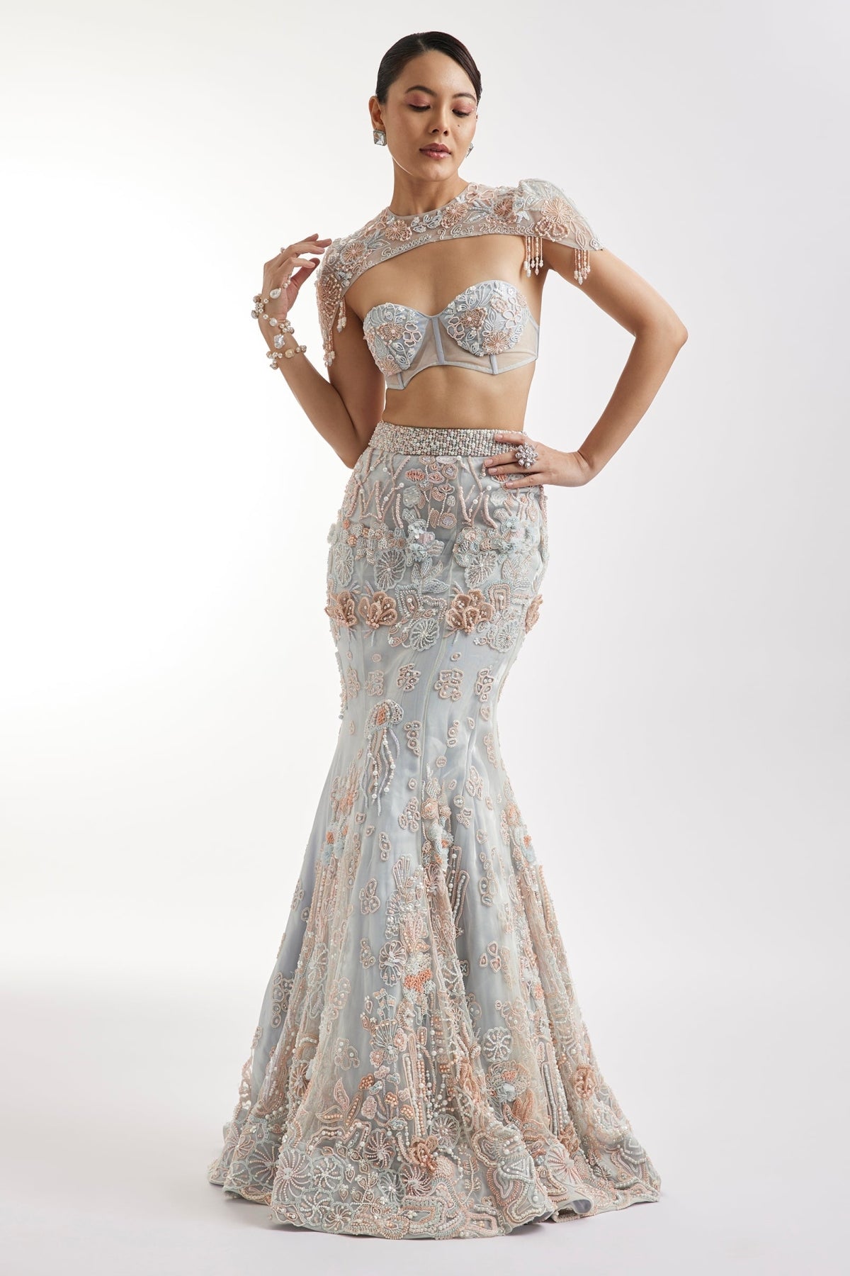 Blue Fish Cut Lehenga Set With Embellished Cape