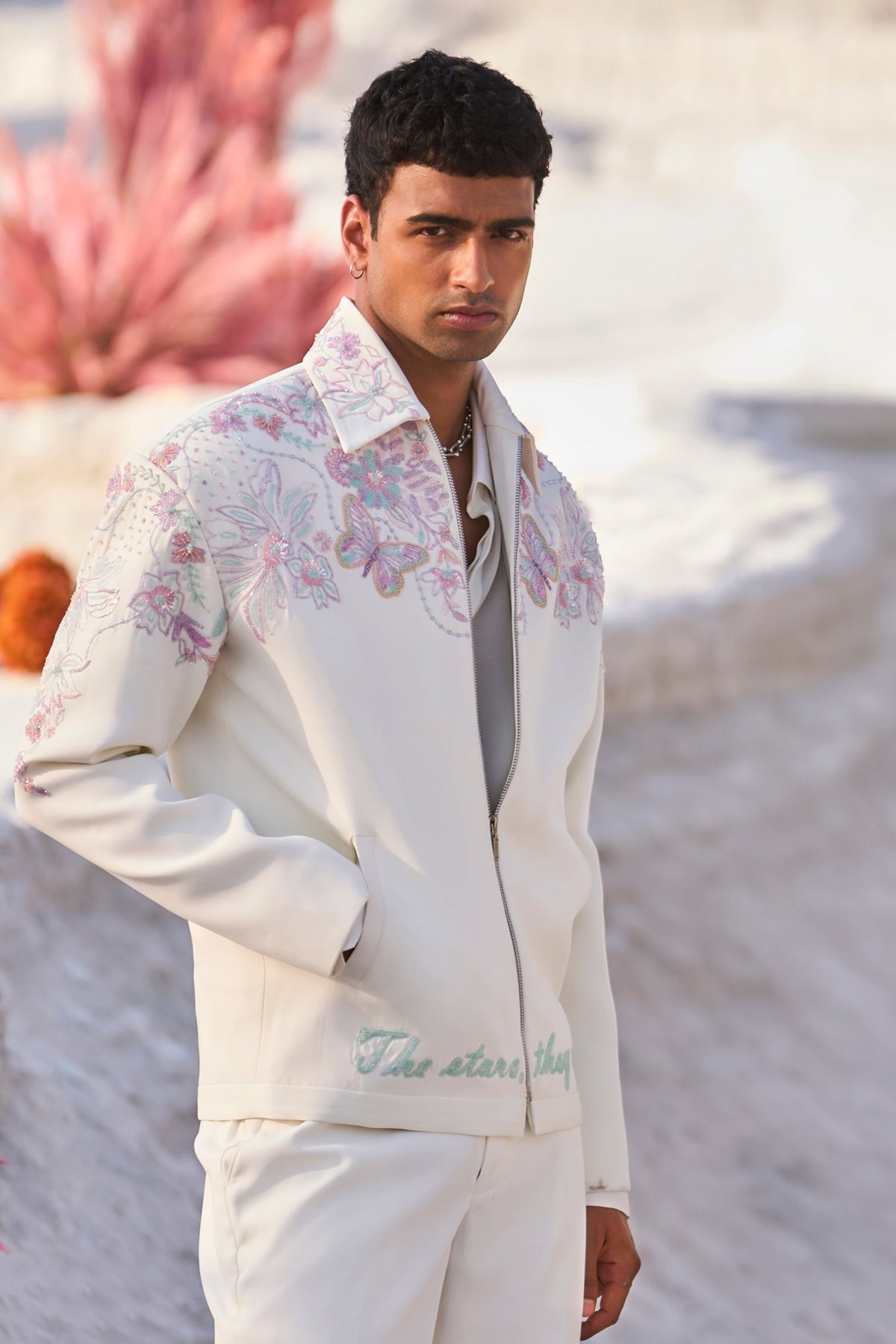 White Embroidered Bomber Jacket Set