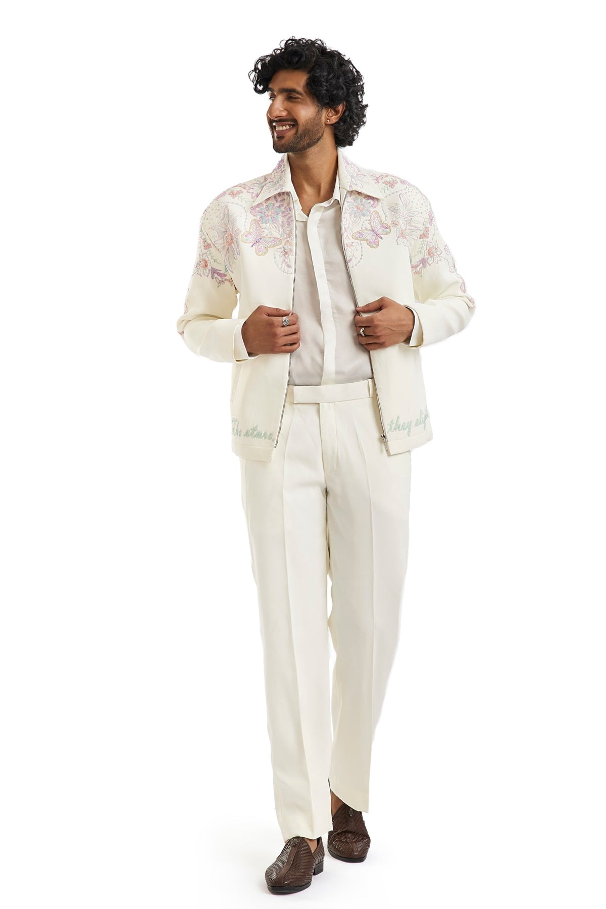 White Embroidered Bomber Jacket Set