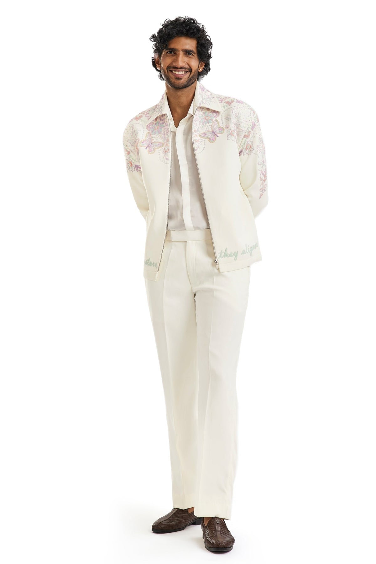 White Embroidered Bomber Jacket Set