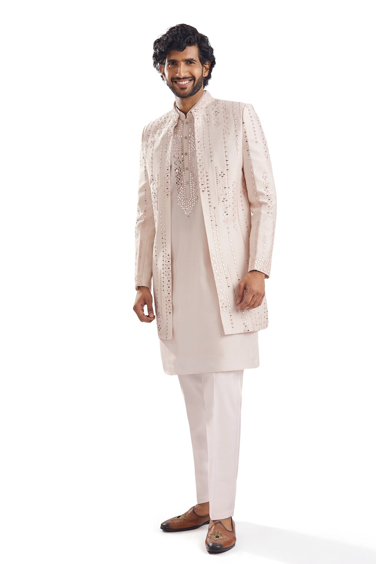 Peach Mirror Work Groomsman Sherwani