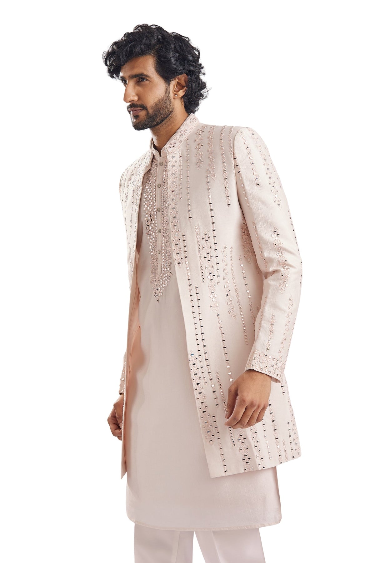 Peach Mirror Work Groomsman Sherwani