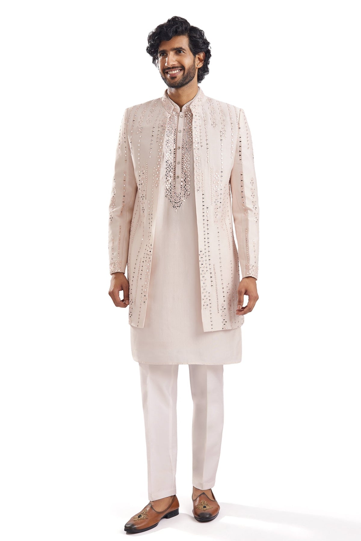 Peach Mirror Work Groomsman Sherwani