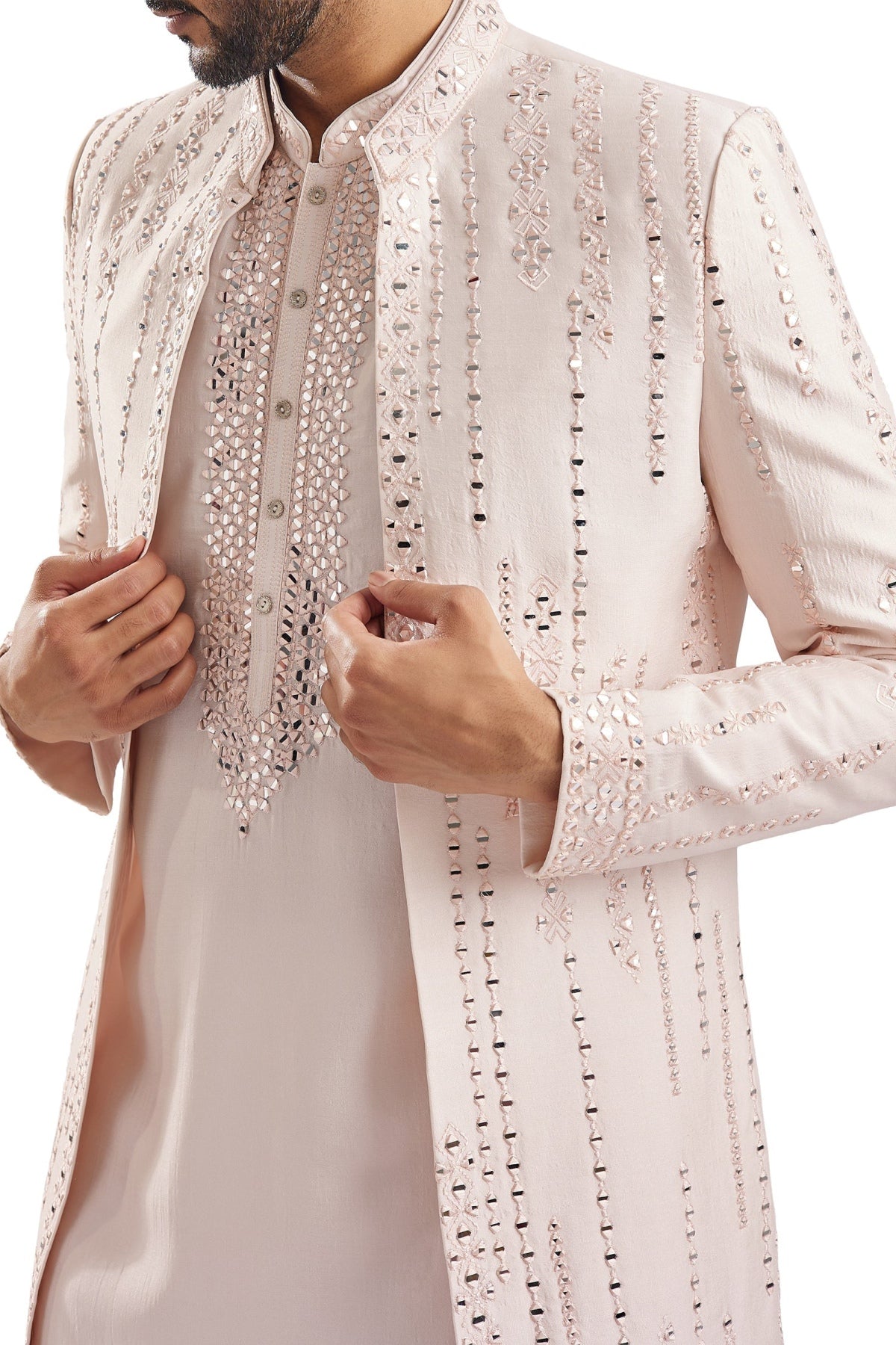 Peach Mirror Work Groomsman Sherwani