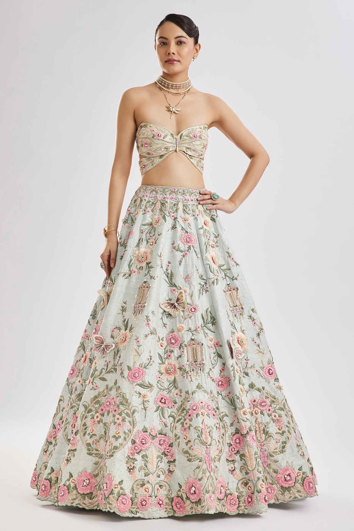 Sky Blue Butterfly Blouse Lehenga Set