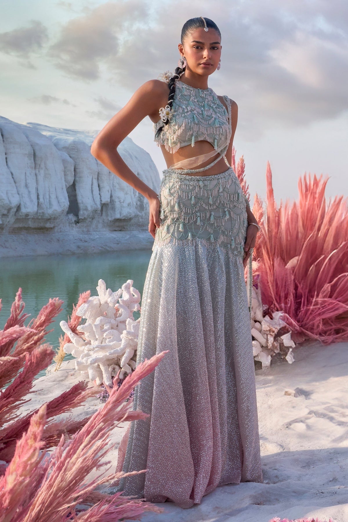 Peach Fish Cut Lehenga Set With Attached Dupatta