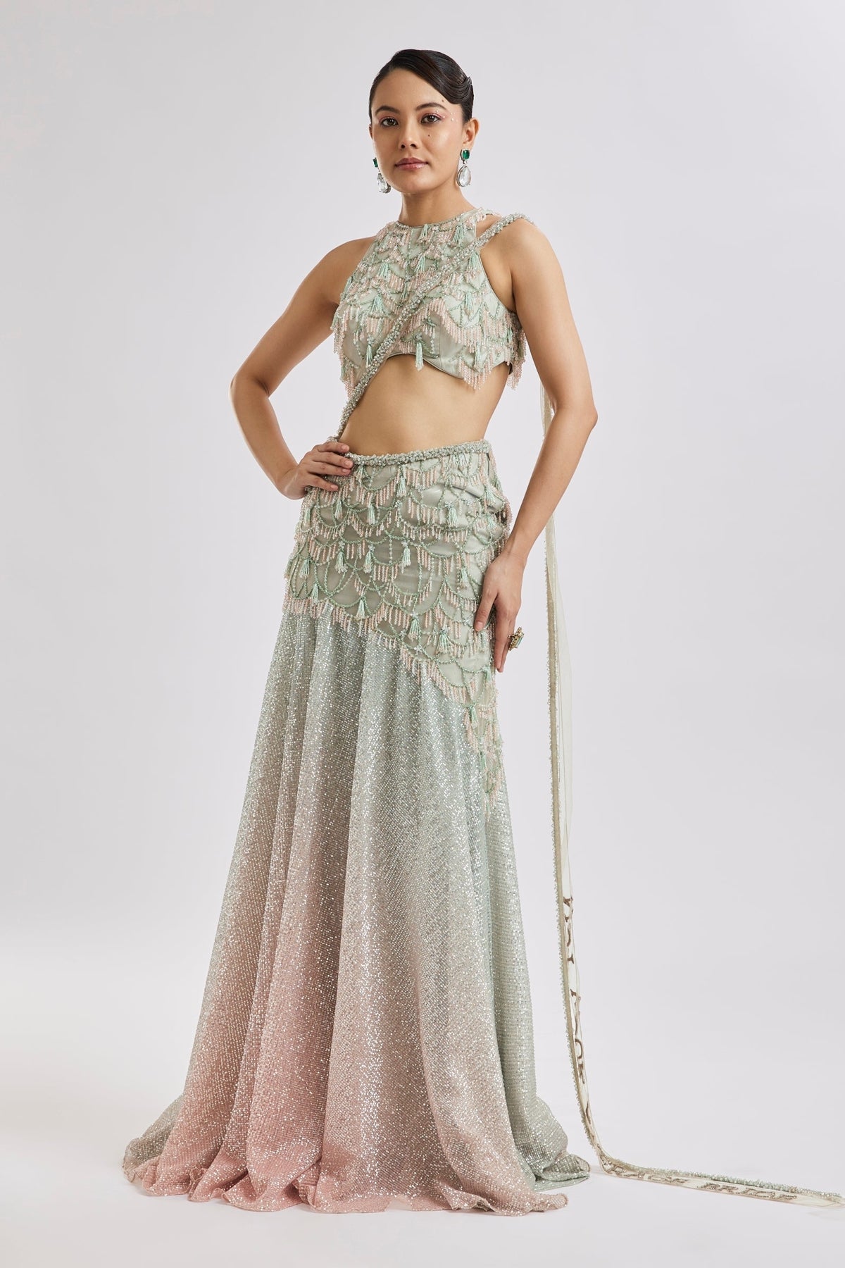 Peach Fish Cut Lehenga Set With Attached Dupatta