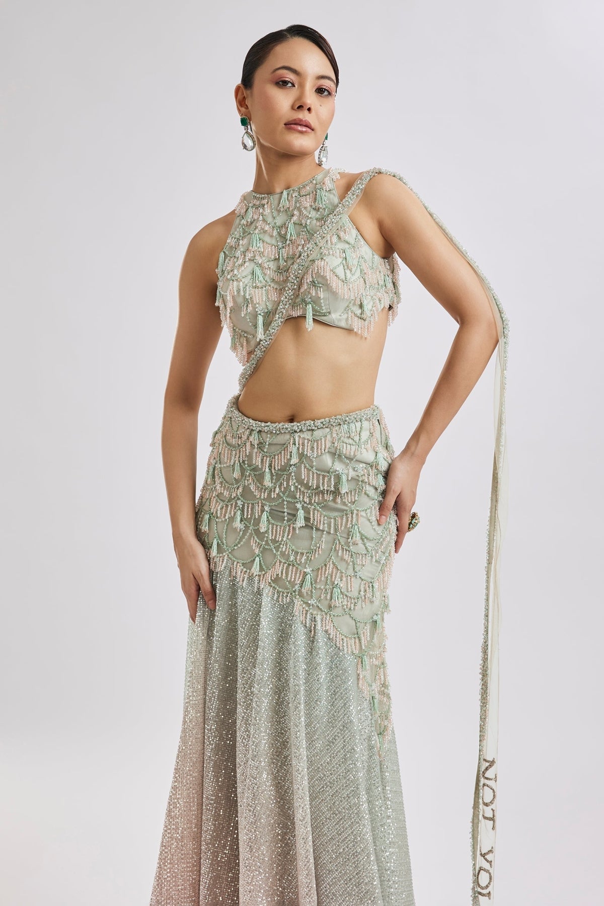 Peach Fish Cut Lehenga Set With Attached Dupatta