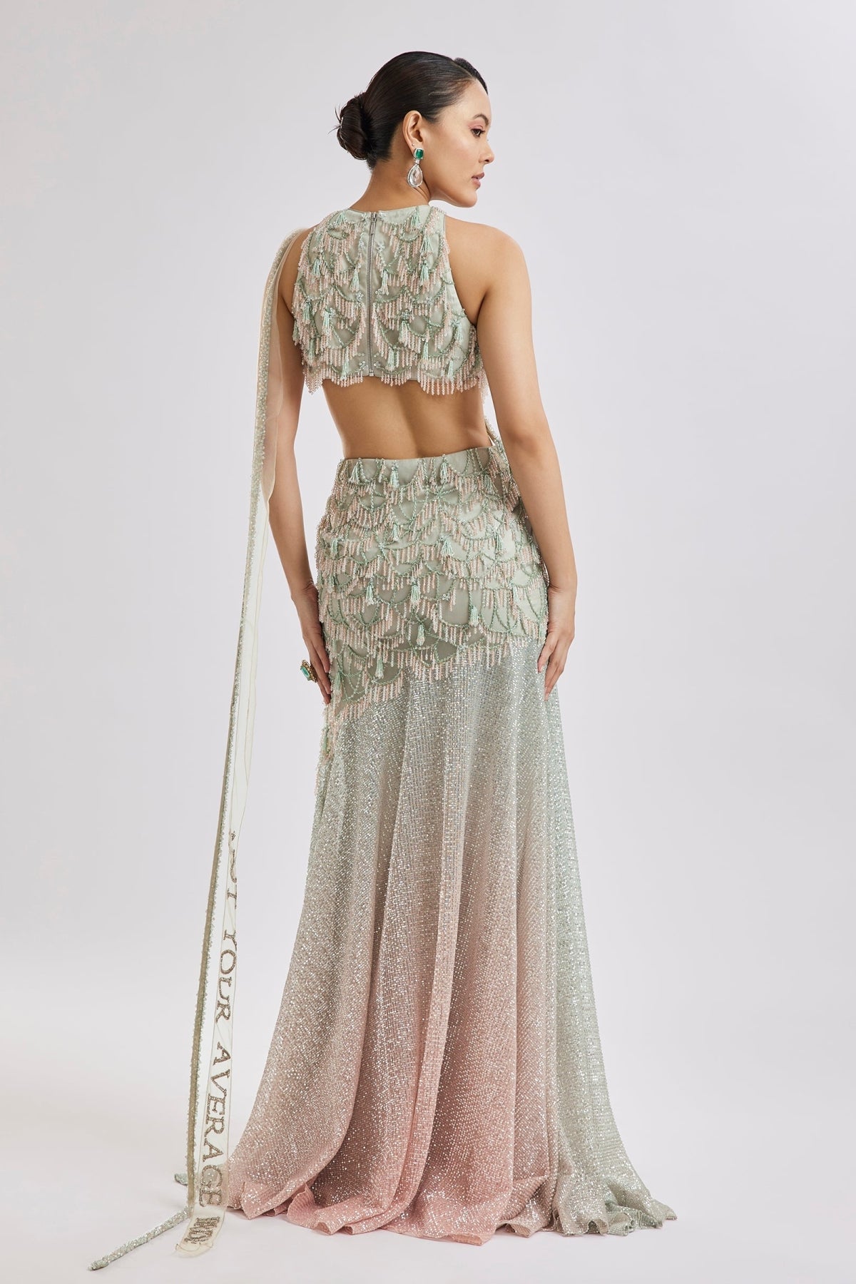 Peach Fish Cut Lehenga Set With Attached Dupatta