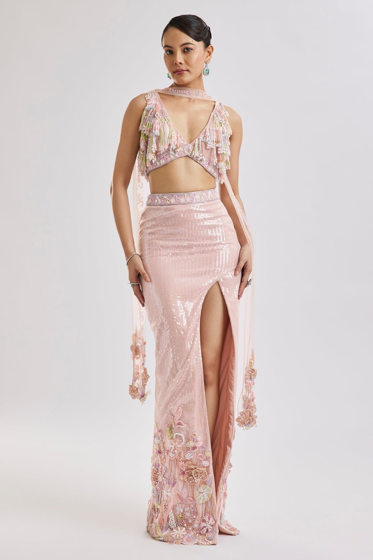 Peach Fish Cut Lehenga Set With Dupatta