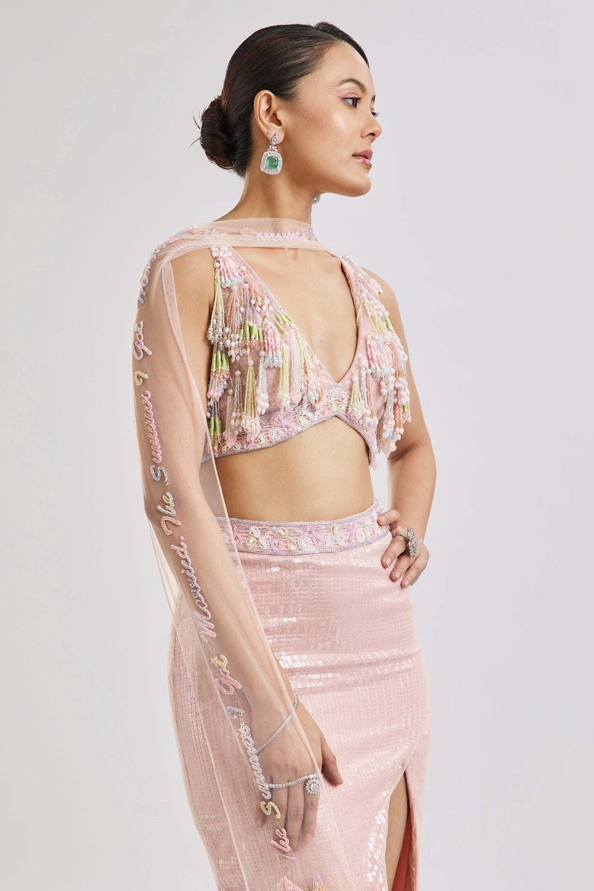 Peach Fish Cut Lehenga Set With Dupatta