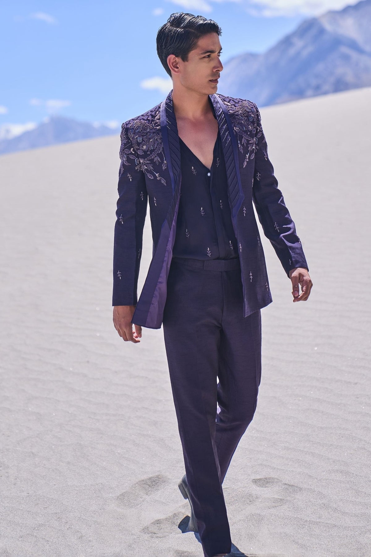 Violet Royal Hand Embroidered Tussar Tuxedo Set