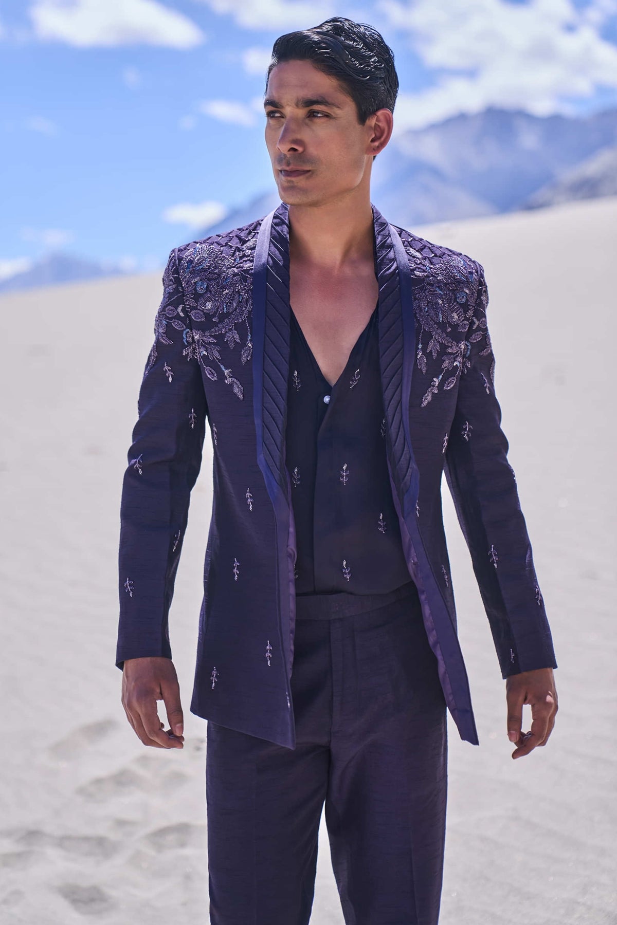 Violet Royal Hand Embroidered Tussar Tuxedo Set