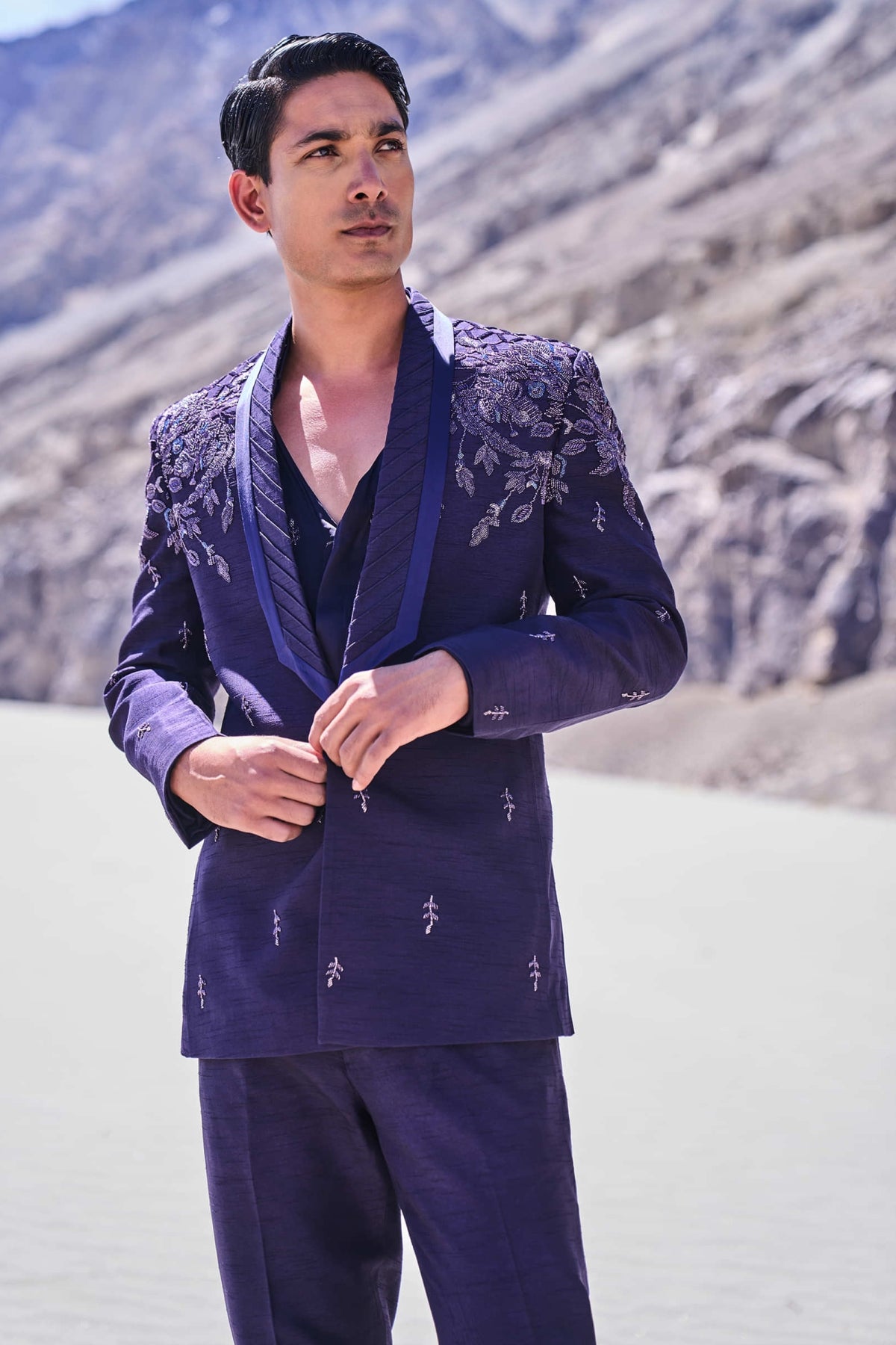 Violet Royal Hand Embroidered Tussar Tuxedo Set