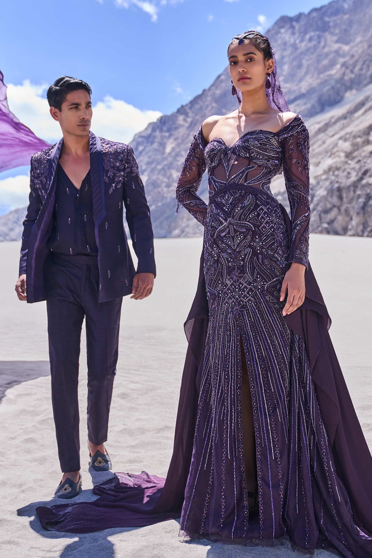 Violet Royal Hand Embroidered Tussar Tuxedo Set
