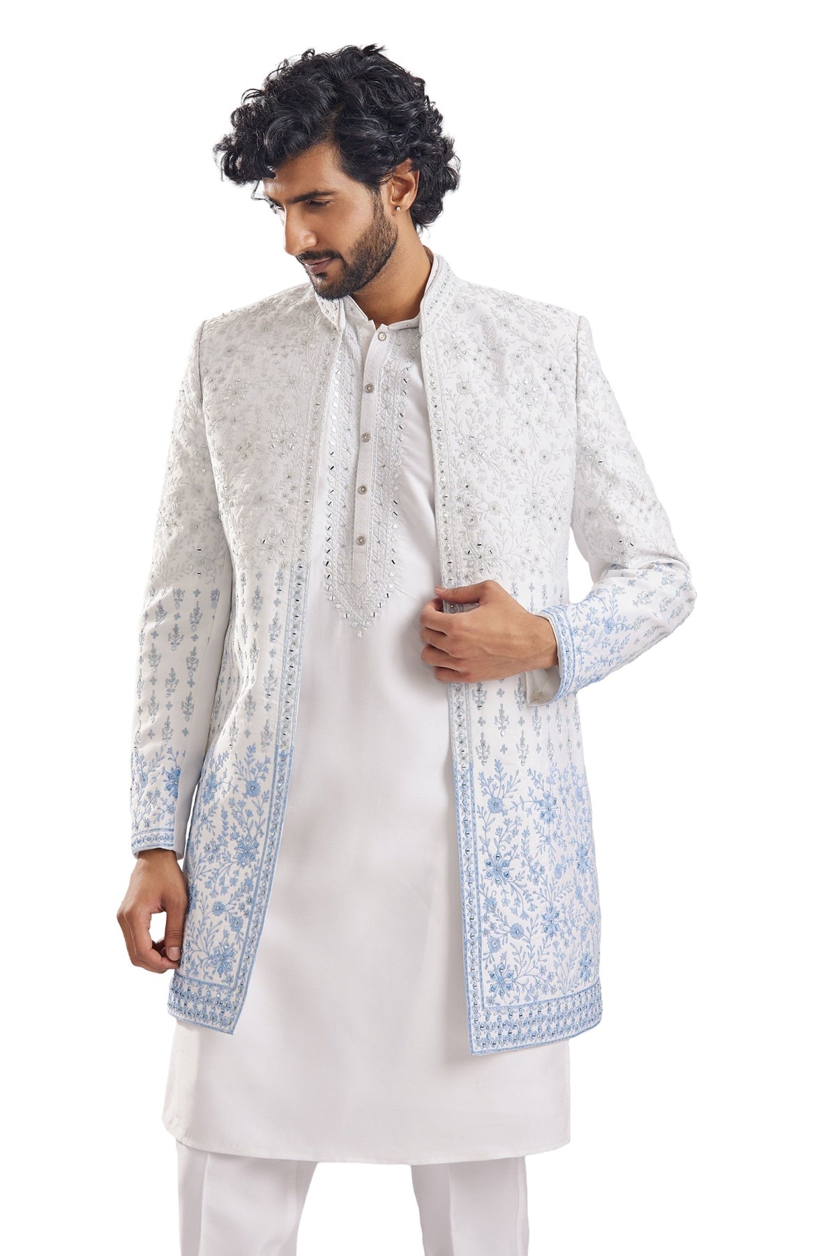 Classic Blue Mirror Work Groomsman Sherwani