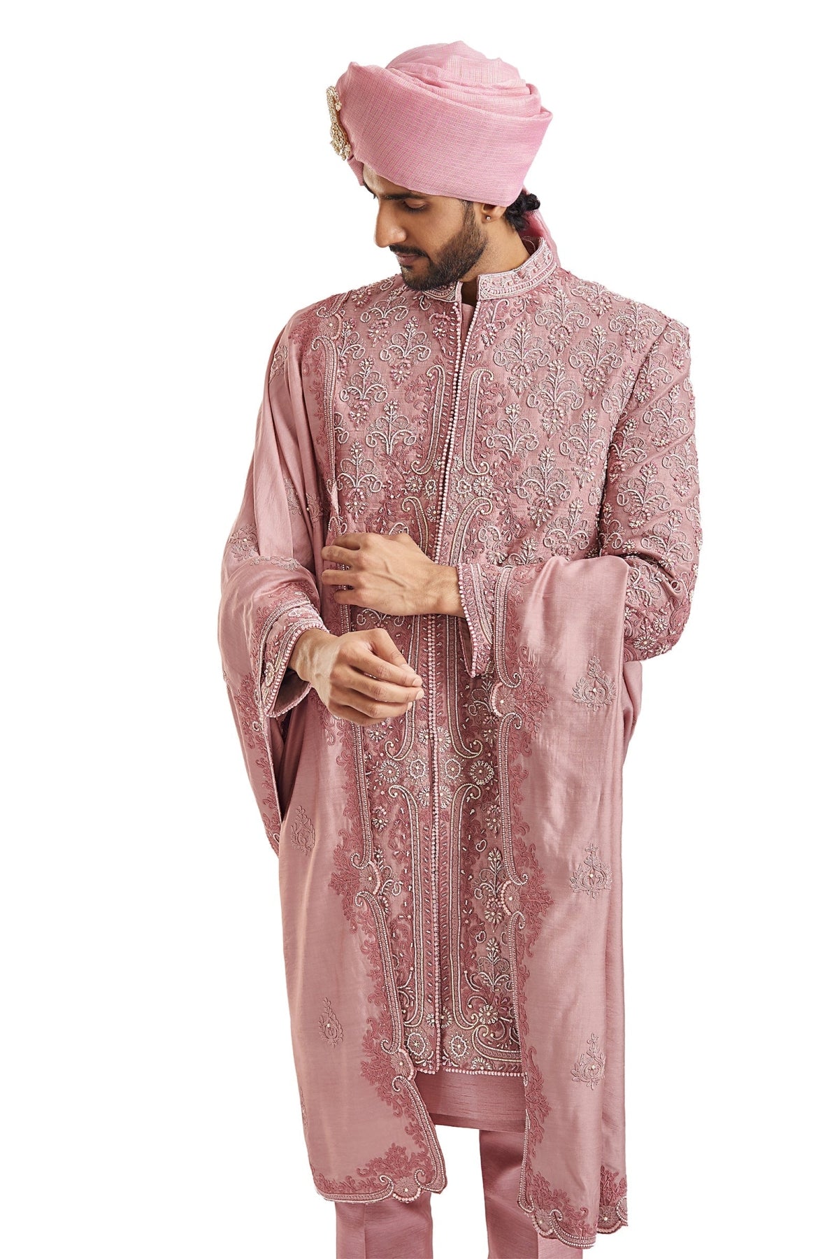 Dusty Pink Self Embroidered Groom Sherwani